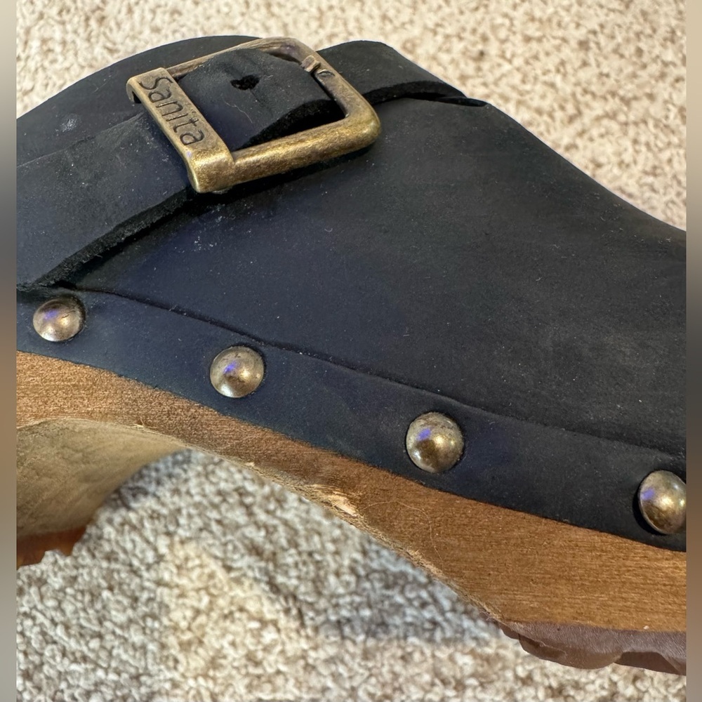 Sanita Kristel Black Nubuck Leather Wood Studded Clog Mule Shoes w/ Buckle - Picture 12 of 15